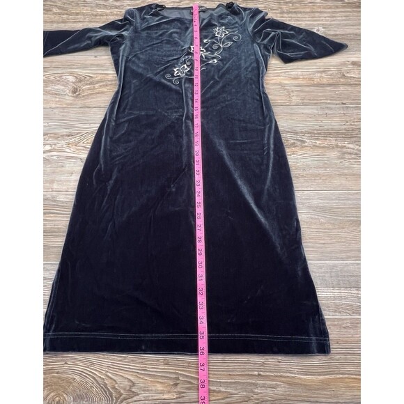 Vtg. Danielle Casey Dress S Black Velvet Midi Floral Embroidery Romantic Elegant - Picture 11 of 13